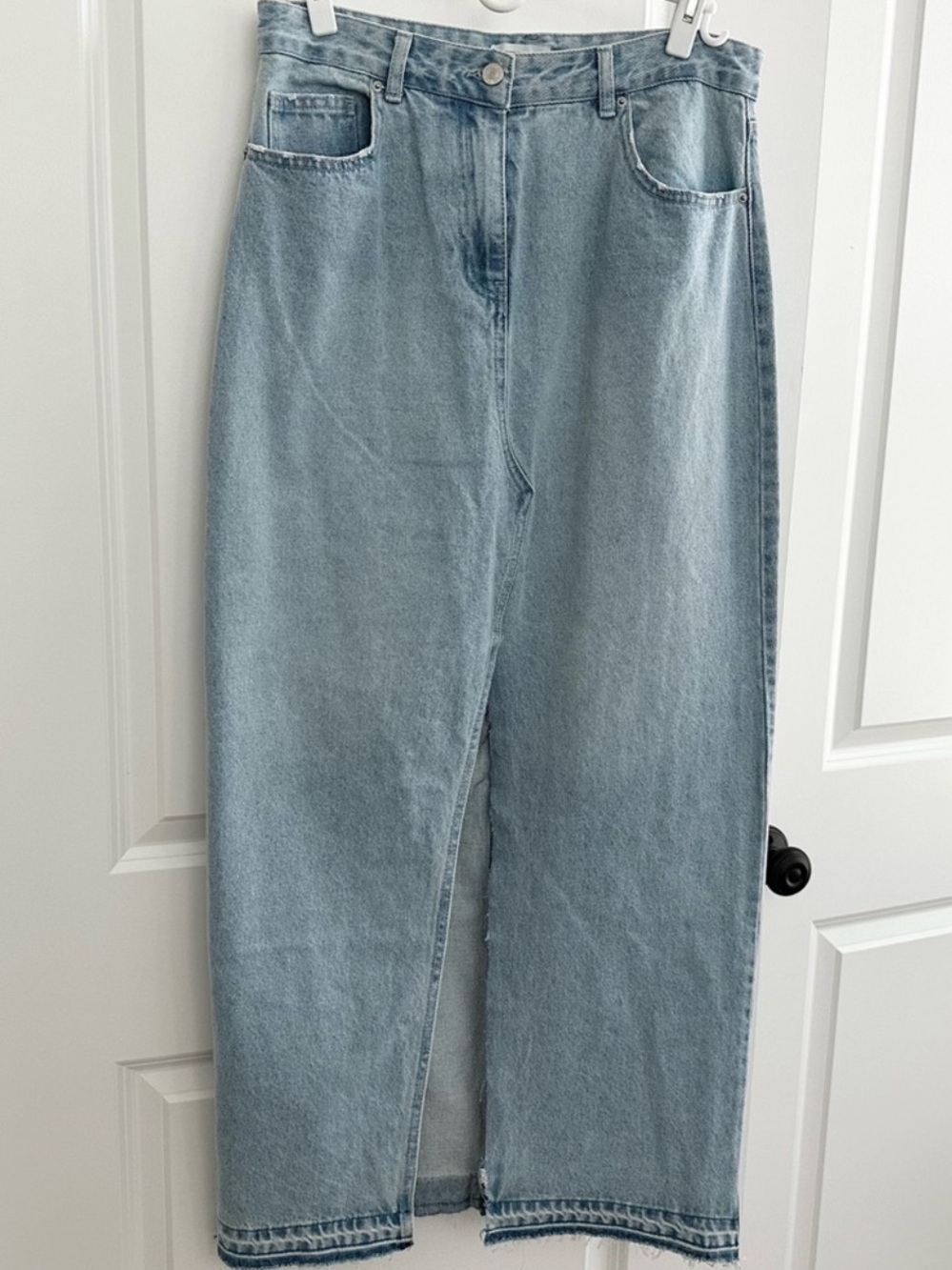 Light Wash Denim Maxi Skirt With High Slit and Distressed Raw Hem